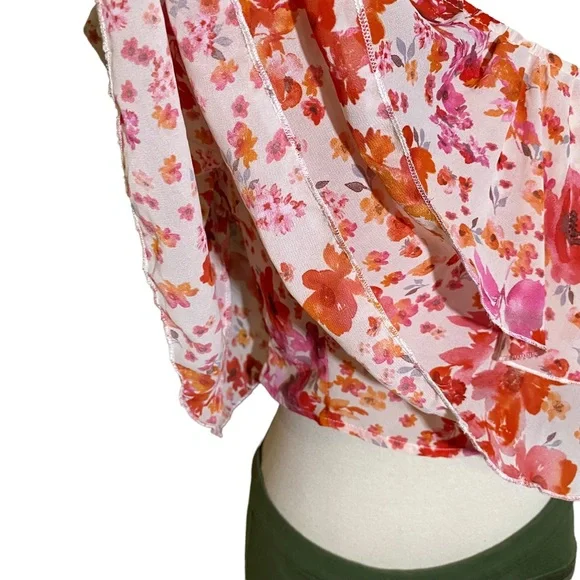 Floral Print One Shoulder Ruffle Trim Top - Picture 6 of 15